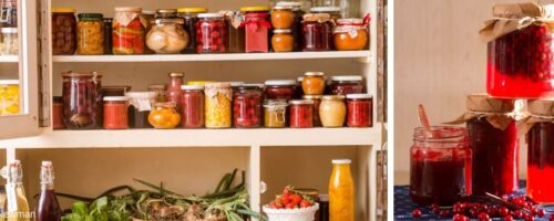 Vorratsschrank mit eingekochtem Obst und Gemüse