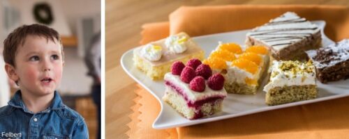 Kind mit verschiedenen Blechkuchenstücken