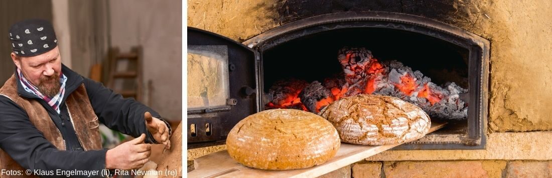 Bernhard Gruber und Brot aus dem selbstgebauten Backofen