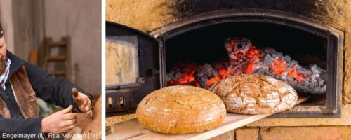 Bernhard Gruber und Brot aus dem selbstgebauten Backofen