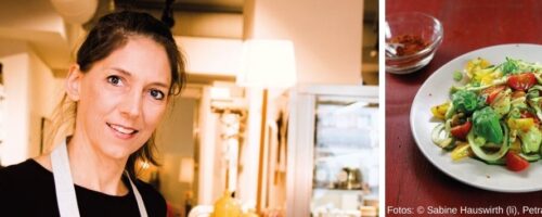 Petra Denk in der Küche und Rohkostgericht