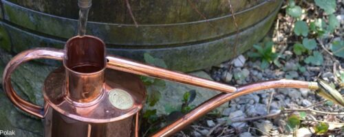 Gießkanne vor einem Holzfass