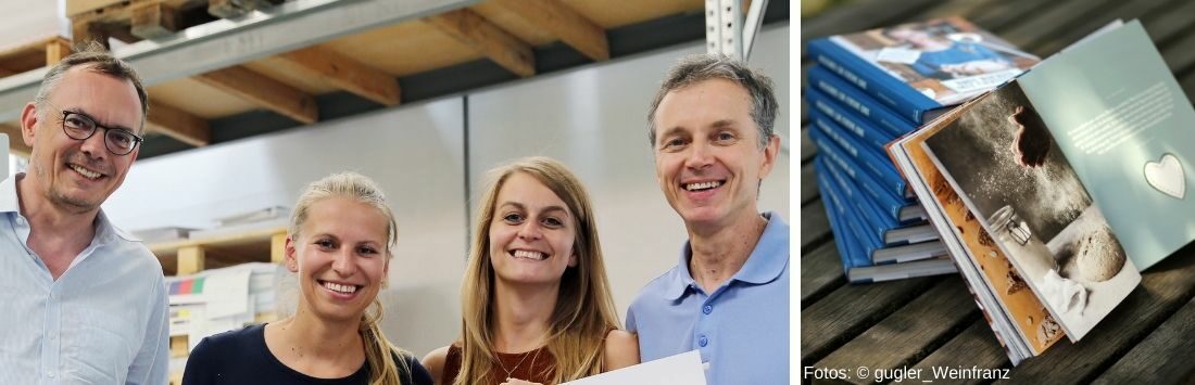 Markus Hatzer, Christina Bauer, Katharina Schaller und Ernst Gugler in der Druckerei gugler*