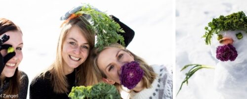 Frauen mit Gemüse und Schneemann