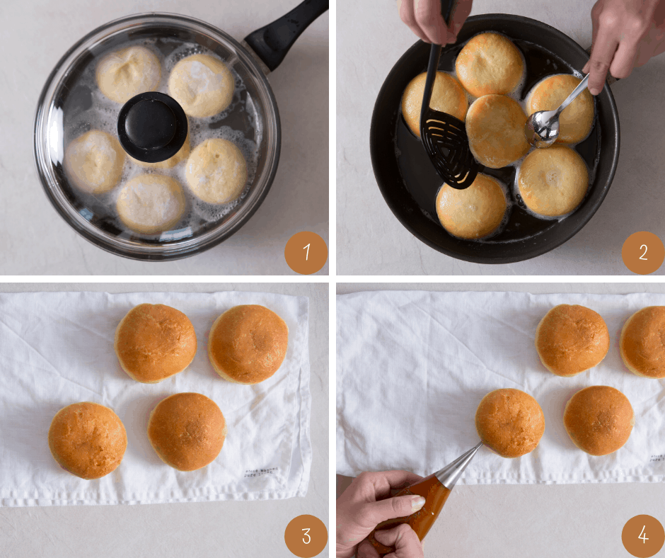 1. Teigstücke mit der Oberseite nach unten zugedeckt drei Minuten im heißen Fett backen. 2. Wenden, nochmals drei Minuten ohne Deckel backen. 3. Herausnehmen und abtropfen lassen. 4. Mit Konfitüre befüllen und mit Puderzucker bestreuen. Fotos: © Nadja Hudovernik.