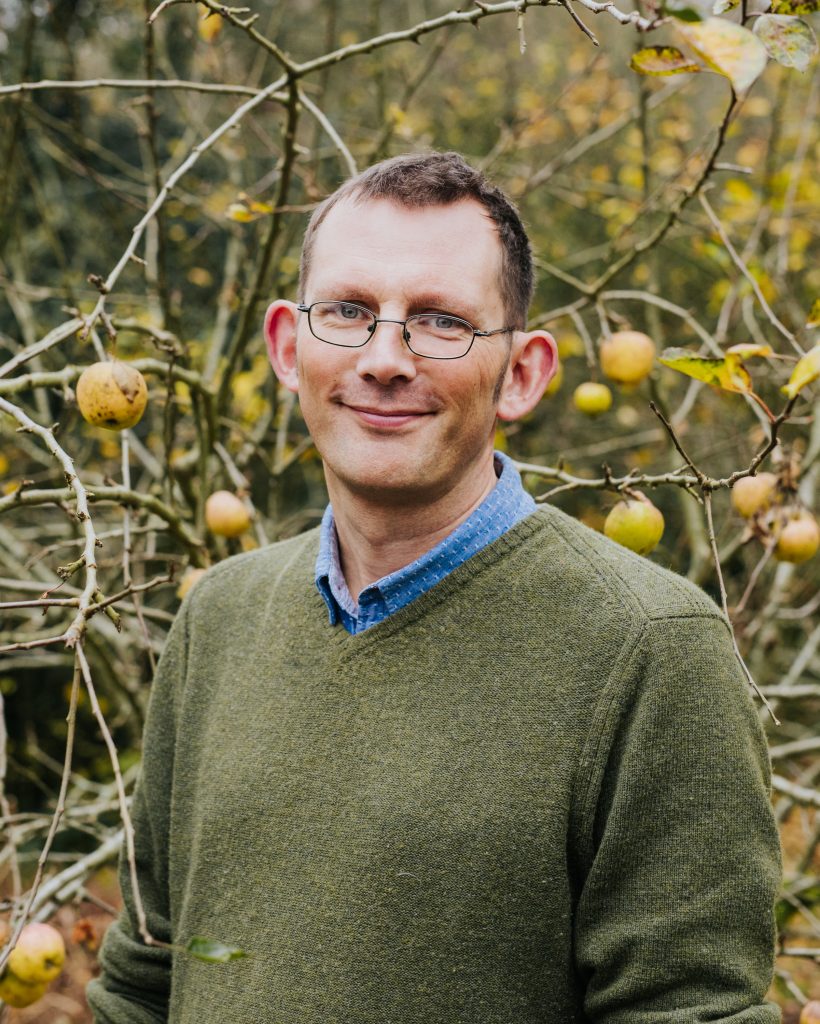 Mann mit grünem Pulli in der Natur