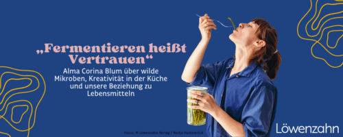 Titelbild Magazinbeitrag: Titel + Autorin, die Spargel isst