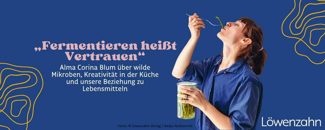 Titelbild Magazinbeitrag: Titel + Autorin, die Spargel isst